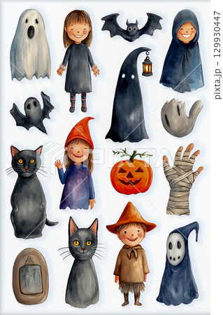 かわいい＆ちょっと怖い　カードやバナーに使える ハロウィンキャラコレクション 129930447