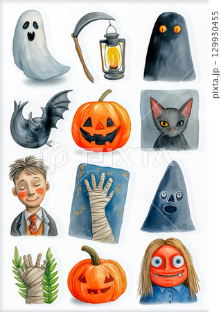 かわいい＆ちょっと怖い　カードやバナーに使える ハロウィンキャラコレクション 129930455