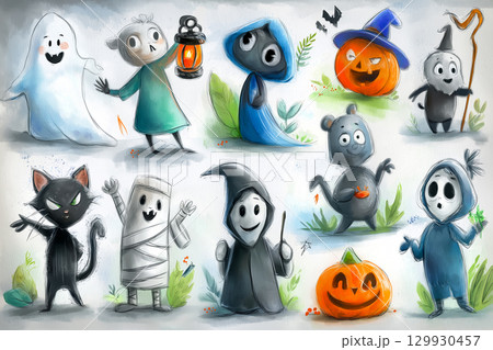 かわいい＆ちょっと怖い　カードやバナーに使える ハロウィンキャラコレクション 129930457