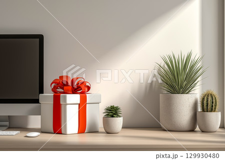 赤いリボンのギフトボックスと観葉植物｜明るいオフィス 129930480
