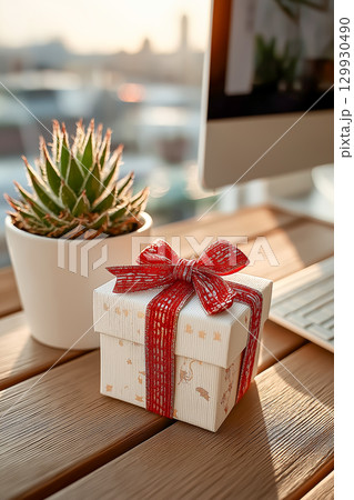 赤いリボンのギフトボックスと観葉植物｜明るいオフィス 129930490