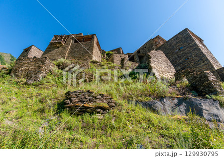 Old Fortress in mountain village Shatili, ruins of medieval castle. Khevsureti, Georgia 129930795