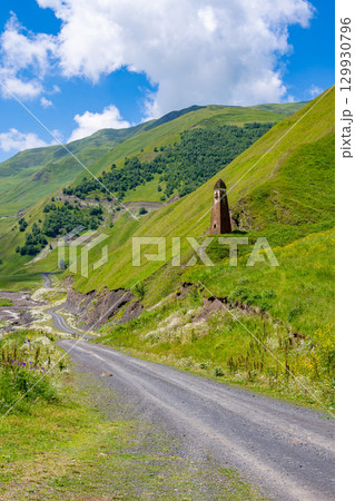 Medieval fortress of Lebaiskari. Old stone tower in Upper Khevsureti, Georgia 129930796