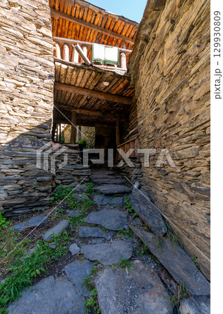 Inner part off old Fortress in mountain village Shatili, ruins of medieval castle. Khevsureti, Georgia 129930809