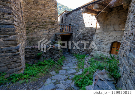 Old Fortress in mountain village Shatili, ruins of medieval castle. Khevsureti, Georgia Old Fortress in mountain village Shatili, ruins of medieval castle. Khevsureti, Georgia 129930813