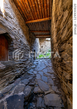 Inner part off old Fortress in mountain village Shatili, ruins of medieval castle. Khevsureti, Georgia 129930820