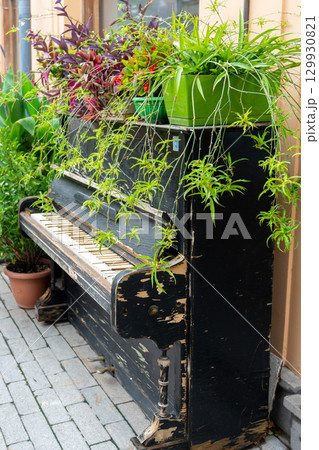 Old piano transformed into a vibrant flower garden on a city street. Urban art in Agmashenebeli Avenue, Tbilisi 129930821