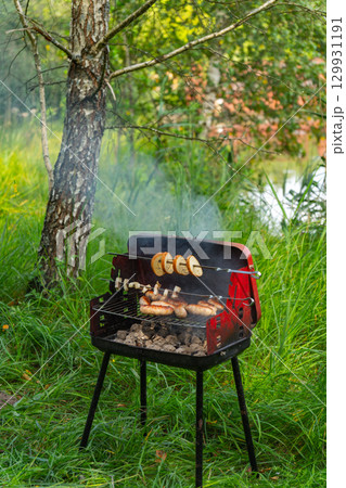 Mobile barbecue on the forest river bank. Mobile barbecue on the forest river bank. 129931191
