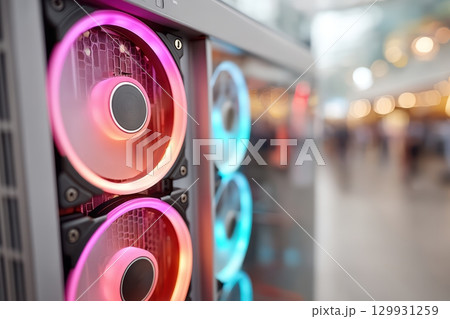 HighTech Gaming PC with vibrant RGB fans and a sleek, futuristic design that captivates HighTech Gaming PC with vibrant RGB fans and a sleek, futuristic design that captivates 129931259