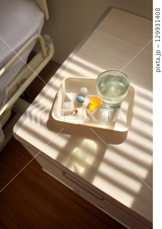 Medications Available on a Hospital Nightstand Accompanied by a Glass of Water for Drinking Medications Available on a Hospital Nightstand Accompanied by a Glass of Water for Drinking 129931408