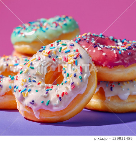 Colorful donuts with sprinkles showcased against a vibrant background create an enticing dessert display Colorful donuts with sprinkles showcased against a vibrant background create an enticing dessert display 129931489