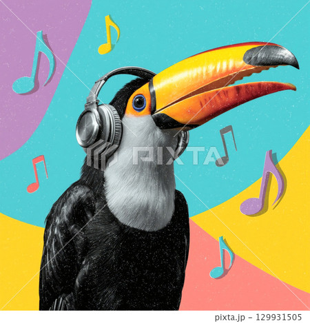 Tropical toucan bird enjoying music with headphones surrounded by vibrant flowers and colorful shapes 129931505