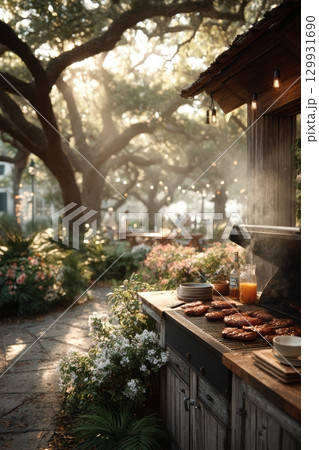 Charming Rustic Outdoor Barbecue Gathering Held in a Beautiful Lush Garden Setting 129931690