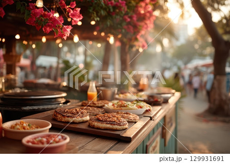 Charming Outdoor Food Stall at Sunset Featuring Delicious Dishes and Vibrant Flavors 129931691