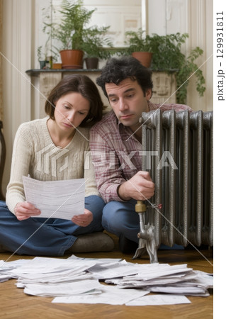 Couple Sitting Together at Home, Reviewing Their Bills and Financial Documents Thoroughly 129931811
