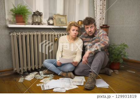 A Couple Surrounded by Papers in a Cozy and Inviting Domestic Setting, Engaged in Discussion 129931819