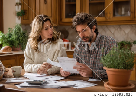 A couple sitting together at home is engaged in a detailed discussion about their finances 129931820