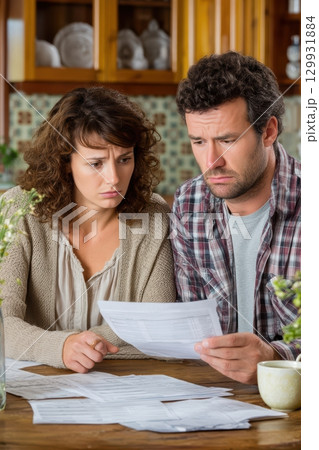 A Concerned Couple Engaged in Reviewing Important Financial Documents in Their Home Setting 129931884