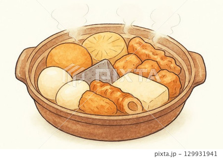 土鍋のおでん7種具材 - 水彩ペン画風イラスト 129931941