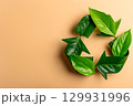 緑の葉で作られたリサイクルマーク　エコ背景素材 129931996