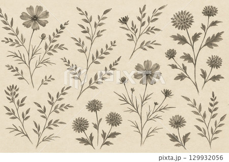 秋の花シリーズ：水彩タッチの秋の花パターン背景 129932056