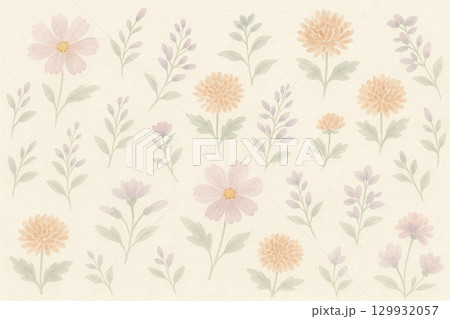 秋の花シリーズ：秋の草花を描いた水彩風パターン背景 129932057
