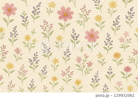 秋の花シリーズ：水彩タッチの秋の花パターン（コスモス・萩・菊） 129932062
