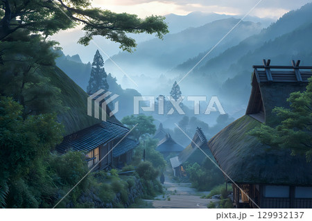 朝霧に包まれる合掌造り 129932137