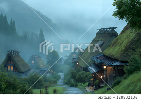 朝霧に包まれる合掌造り集落 129932138