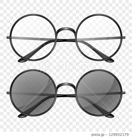 Vector 3d Realistic Round Glasses Vector Icon Set, Isolated. Round Glasses Clipart Set. Black Frame Eyewear. Vintage Eyeglasses. Retro Spectacles. Vector Illustration 129932179