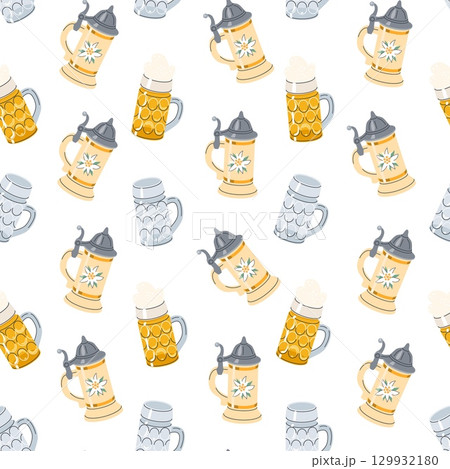 Seamless pattern of German beer steins and frothy beer mugs with traditional motifs and metal lids on white background for Oktoberfest 129932180