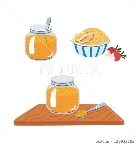 German sweet mustard and Obatzda cheese spread in jars and bowls with onions radishes and spoon on wooden board traditional Oktoberfest food 129932182