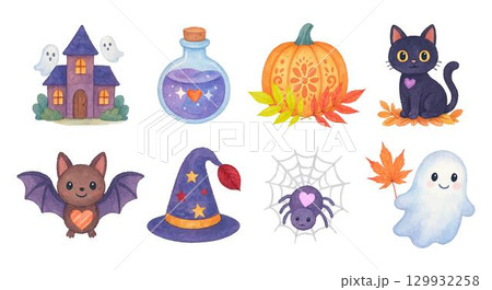 Cute halloween watercolor set, color spooky fall collection for the holiday, traced vector 129932258