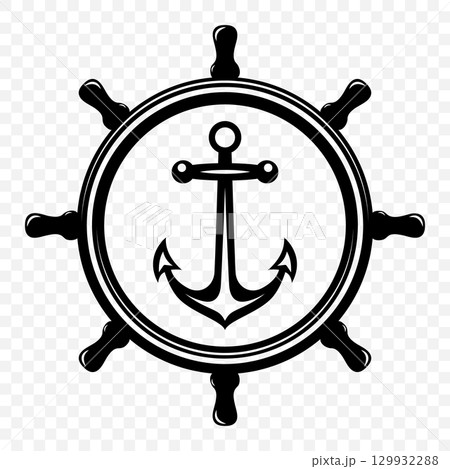 Vector Vintage Anchor and Helm Wheel. Nautical Marine Steering Black Icon, Logo, Captain Tattoo Design, Sailing Club Emblem, Sea Adventure Symbol, Retro Maritime Badge, Ship Wheel Silhouette Clipart 129932288