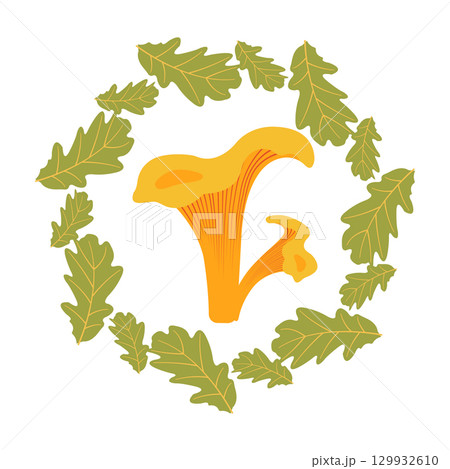 Autumn postcard design with mushroom and frame with leaves in flat style. Fall harvest vector illustration for banners and greeting cards 129932610