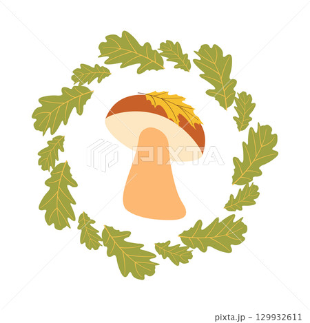 Fall themed card with mushroom and frame with green leaves in flat style. Autumn harvest vector illustration for banners and social media posts 129932611