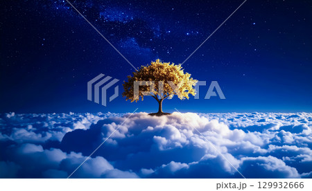 雲海に浮かぶ一本の黄金の木と星空 ／ 夢と希望を象徴する幻想的なビジュアル背景 129932666