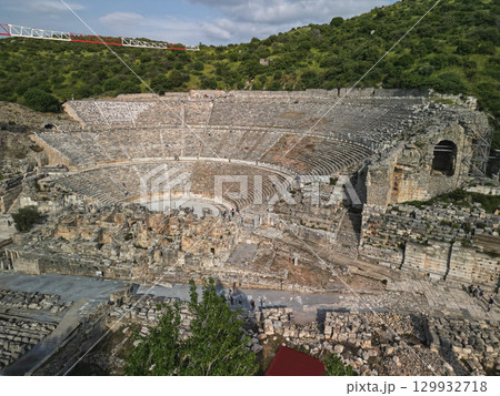 Aerial view across ephesus great theatre tiers and stage remains, Turkey Aerial view across ephesus great theatre tiers and stage remains, Turkey 129932718