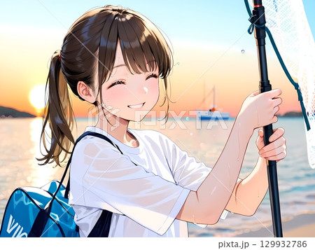 一匹も魚が釣れなかったけど 満足そうな女の子 一匹も魚が釣れなかったけど 満足そうな女の子 129932786