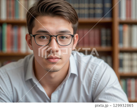 Young Man in Library with Glasses 129932865
