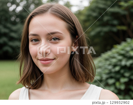 Young Woman Smiling in a Green Outdoor Setting Young Woman Smiling in a Green Outdoor Setting 129932902