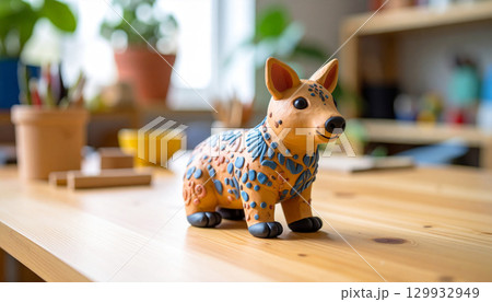 木のテーブルに置かれたカラフルな陶器の動物置物 木のテーブルに置かれたカラフルな陶器の動物置物 129932949