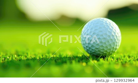 Professional golf ball resting on pristine green grass of golf course. Perfect lie with visible dimples and fresh cut grass texture in natural lighting Professional golf ball resting on pristine green grass of golf course. Perfect lie with visible dimples and fresh cut grass texture in natural lighting 129932964