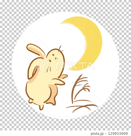 三日月とウサギのカットイラスト 白背景（丸） 129933009