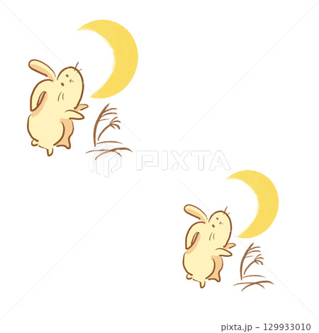 三日月とウサギのカットイラスト 白背景（丸と四角） 129933010