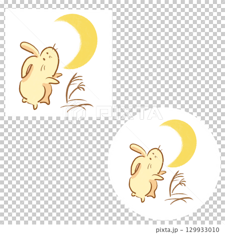 三日月とウサギのカットイラスト 白背景（丸と四角） 129933010