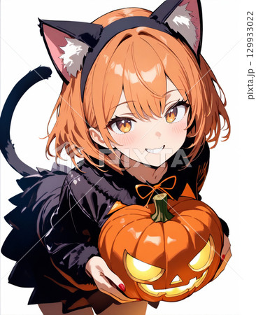 黒猫のハロウィン仮装をした女の子 129933022