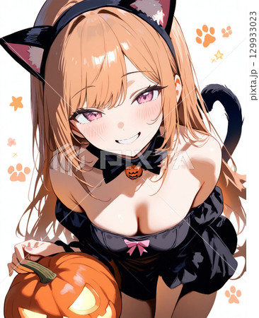 黒猫のハロウィン仮装をした女の子 129933023