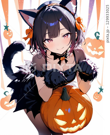 黒猫のハロウィン仮装をした女の子のイラスト素材 [129933025] - PIXTA