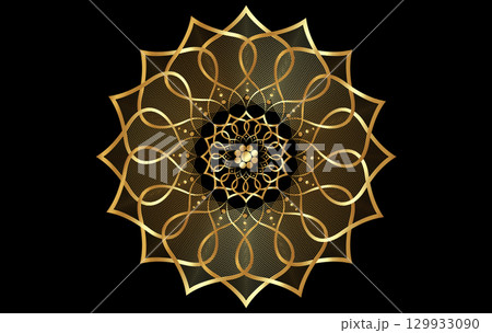 Lotus flower Mandala, gold luxury floral ornament, Arabic logo design. Golden Flower blossom symbol of yoga, spa, beauty salon, cosmetics, relax, brand style. Vector isolated on black background 129933090